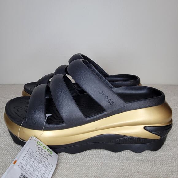 CROCS Mega Crush Metallic Triple Strap Platform Wedge Sandal Black/Gold sz W10 - Picture 3 of 9
